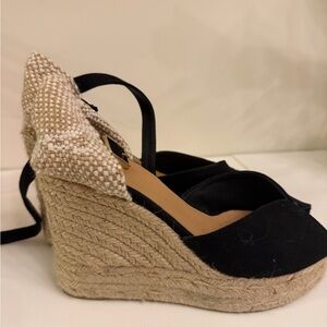 Castaner Black Canvas Espadrille Wedge Sandals with Natural Jute Heel
